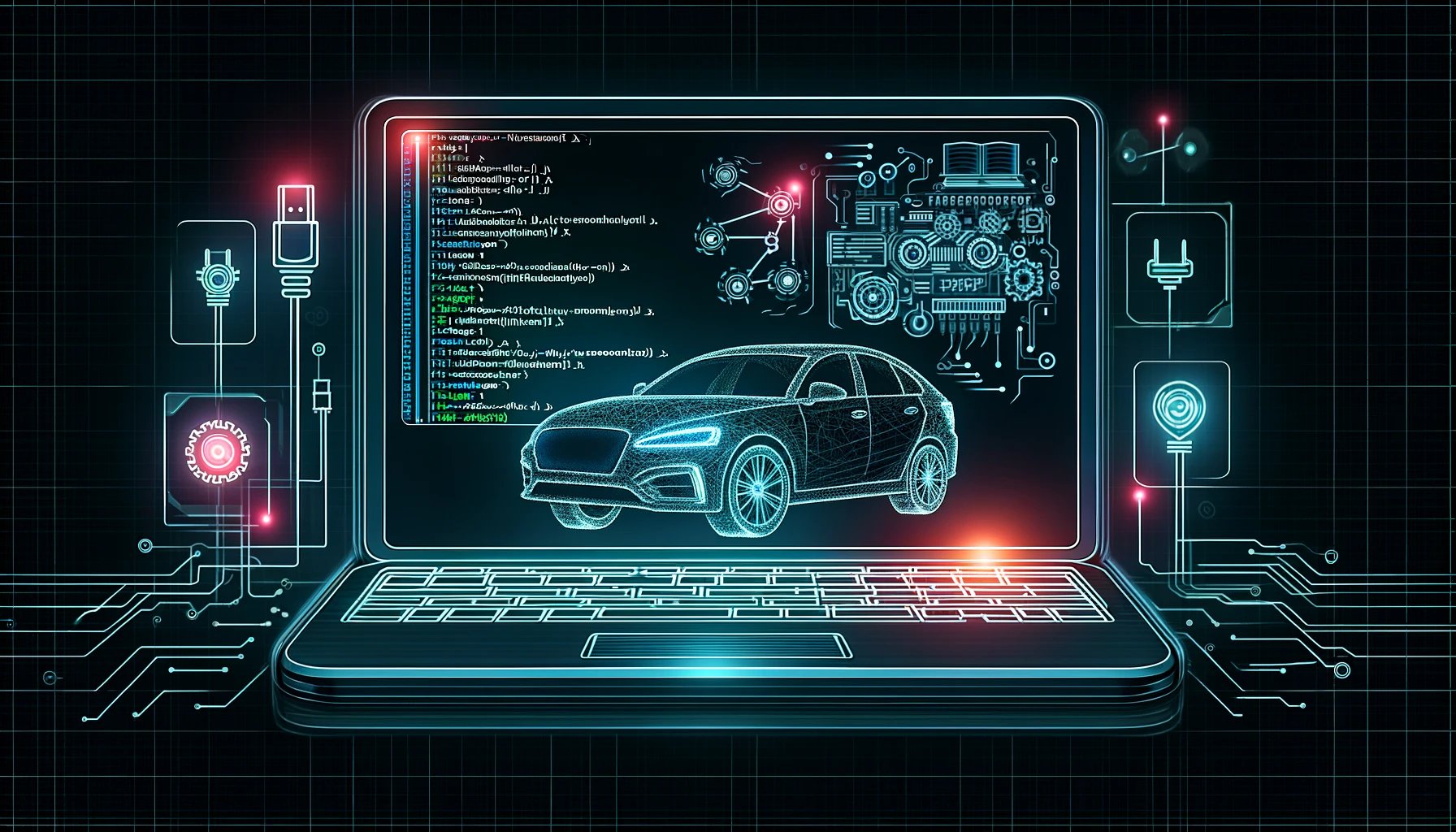 DALL·E 2024-02-17 10.49.54 - Design an image that represents programming with an automotive theme. Visualize a computer screen with lines of code, and in the background, the silho